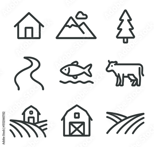 Mountain Village Icons. Outline icon set of village in the mountains: house, mountain, tree, road, river, animals, farm, barn,