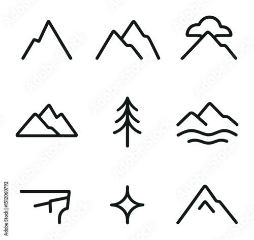 Mountain Outline Icons. Outline icon set of mountain dusk clouds: peak silhouette, ridge line, cloud cap, fading light, pine tree