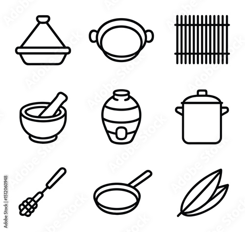 Multicultural Culinary Tools. Outline icon set of Multicultural culinary tools: tagine pot, paella pan, sushi mat, mortar and