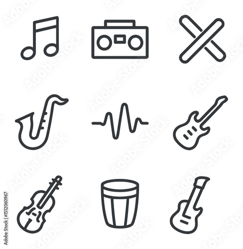 Music Genre Icons. Outline icon set of music genres for flash mobs: pop note, hip-hop boom-box, salsa clave, jazz saxophone,