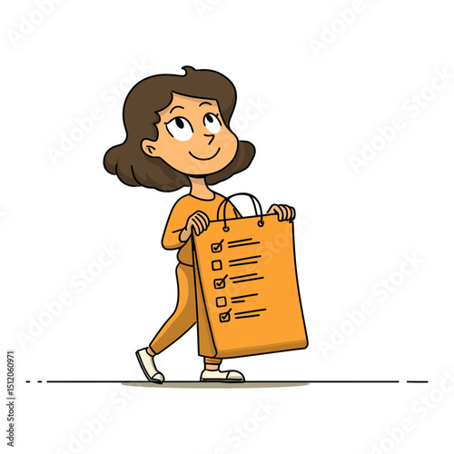 Cheerful Cartoon Girl Carrying an Oversized Shopping List Bag with Checked Boxes