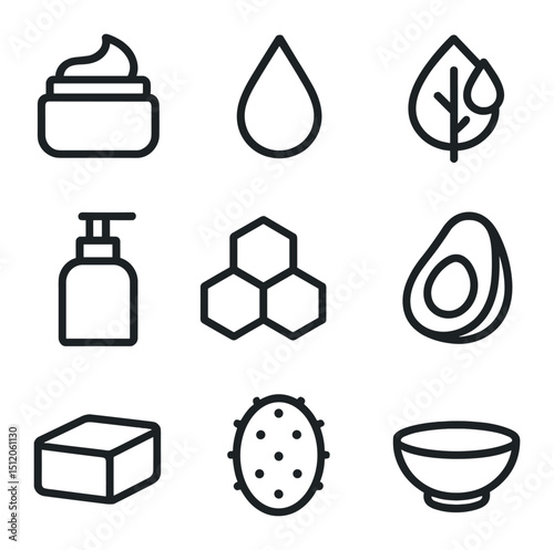 Natural Moisturizer Icons. Outline icon set of natural moisturizers: cream jar, oil droplet, hydrating leaf, pump bottle,