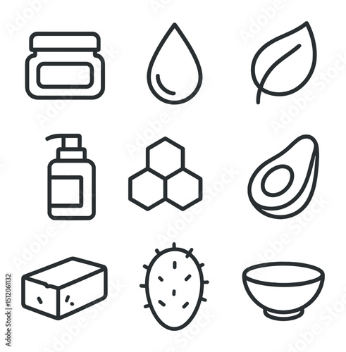 Natural Moisturizer Icons. Outline icon set of natural moisturizers: cream jar, oil droplet, hydrating leaf, pump bottle,