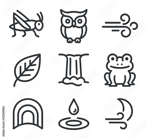Nature Sound Icons. Outline icon set of ambient nature sounds: cricket chirp, owl hoot, wind swirl, rustling leaf, distant
