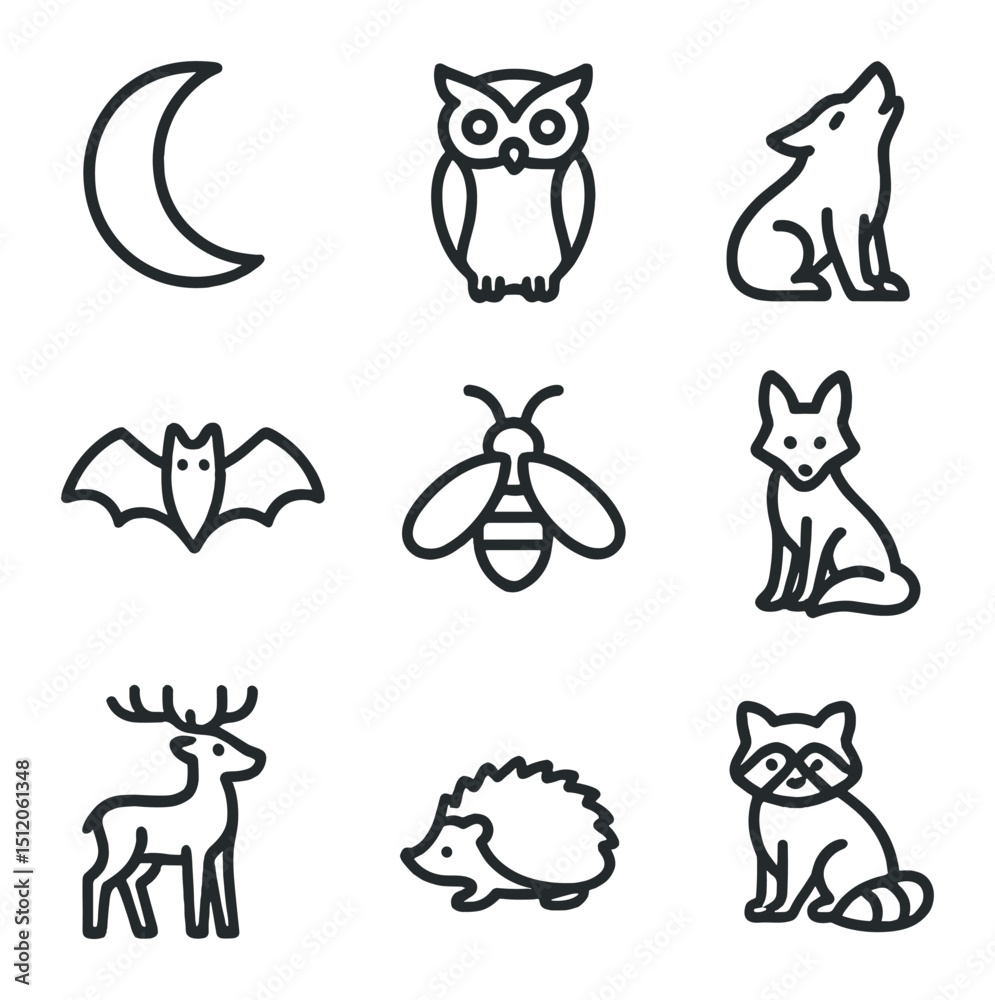 Fototapeta premium Nocturnal Wildlife Icons. Outline icon set of moon and nocturnal wildlife: owl, wolf, bat, firefly, fox, deer, hedgehog, raccoon,