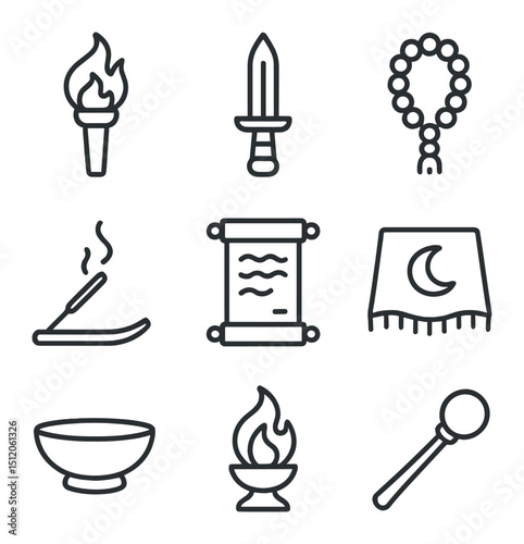 Nighttime Ritual Icons. Outline icon set of nighttime ritual artifacts: burning torch, ceremonial dagger, prayer beads, ritual