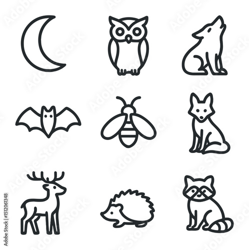 Nocturnal Wildlife Icons. Outline icon set of moon and nocturnal wildlife: owl, wolf, bat, firefly, fox, deer, hedgehog, raccoon,
