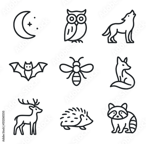 Nocturnal Wildlife Icons. Outline icon set of moon and nocturnal wildlife: owl, wolf, bat, firefly, fox, deer, hedgehog, raccoon,