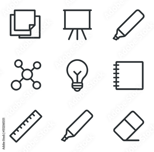 Note-Taking Essentials Icons. Outline icon set of note-taking and brainstorming: sticky notes, whiteboard, marker pen, mind map,