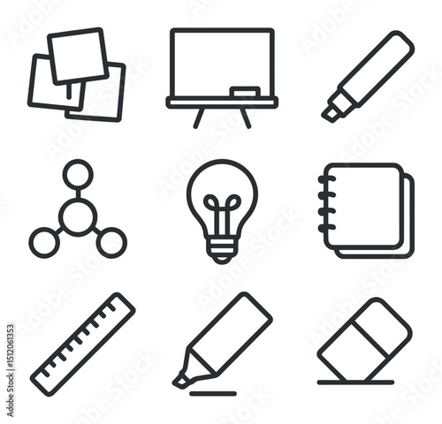 Note-Taking Essentials Icons. Outline icon set of note-taking and brainstorming: sticky notes, whiteboard, marker pen, mind map,