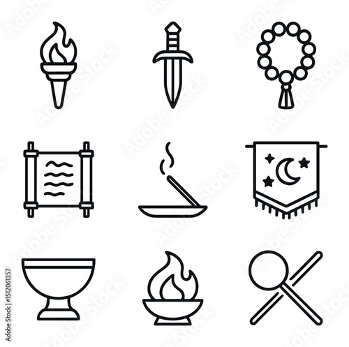 Nighttime Ritual Icons. Outline icon set of nighttime ritual artifacts: burning torch, ceremonial dagger, prayer beads, ritual