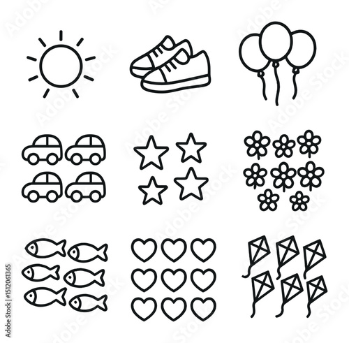 Outline Number Icons. Outline icon set of numbers and counting coloring worksheet: number 1 sun, 2 shoes, 3 balloons, 4 cars, 5