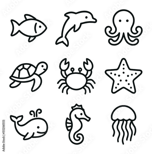 Ocean Creatures Icons. Outline icon set of ocean creatures coloring worksheet: fish, dolphin, octopus, sea turtle, crab, starfish,