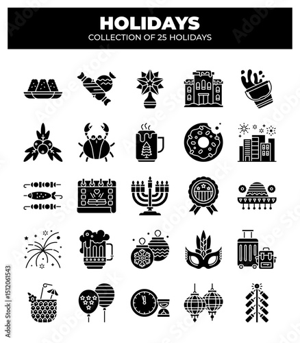 Collection of 25 Holidays. Festive Icons for Celebrations