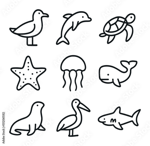 Ocean Wildlife Icons. Outline icon set of ocean wildlife: seagull, dolphin, sea turtle, starfish, jellyfish, whale, seal, pelican,