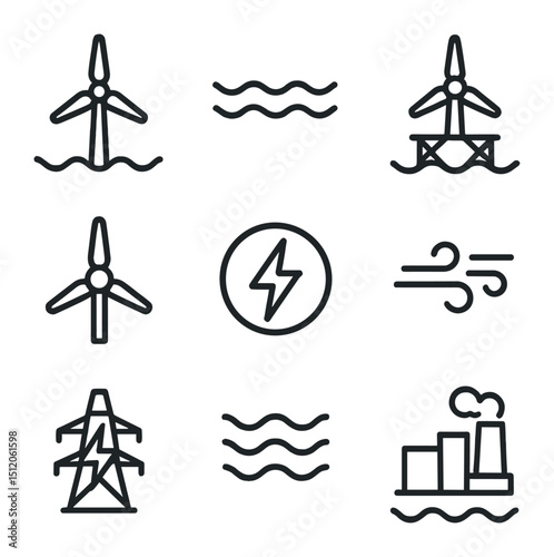 Ocean Wind Power Icons. Outline icon set of ocean wind power generation: wind turbine, sea, platform, blades, energy, ocean,