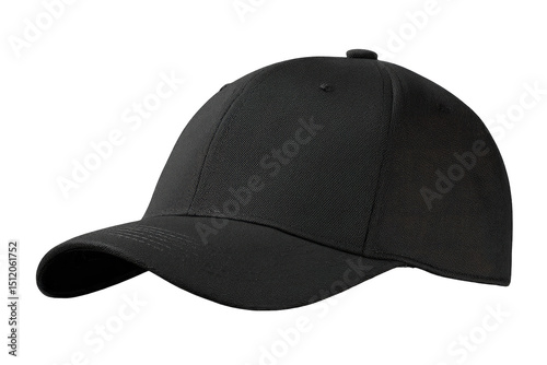 A plain black baseball cap, angled, against a solid black background