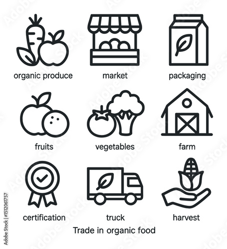 Organic Trade Icon Set. Outline icon set of trade in organic food: organic produce, market, packaging, fruits, vegetables, farm,