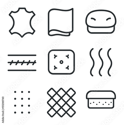 Ottoman Materials Icons. Outline icon set of ottoman top materials: leather, fabric, cushion, stitching, tufted, velvet, texture,
