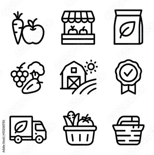 Organic Trade Icon Set. Outline icon set of trade in organic food: organic produce, market, packaging, fruits, vegetables, farm,
