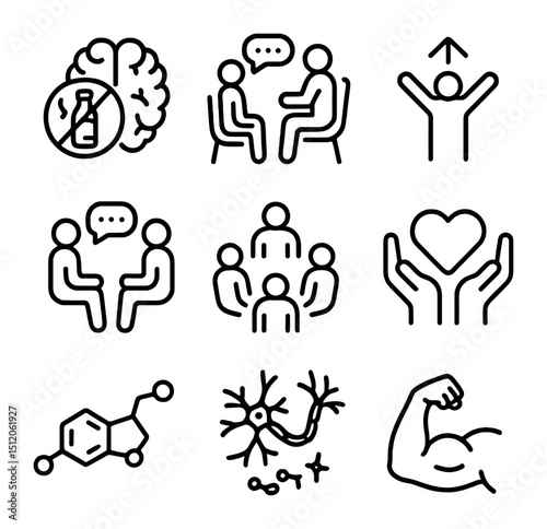 Overcoming Addiction Icons. Outline icon set of overcoming addiction: brain, therapy, recovery, counseling, support group, healing