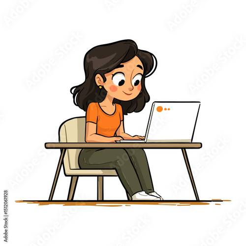 Cartoon Woman Working on Laptop at Desk, Isolated on White Background Illustration