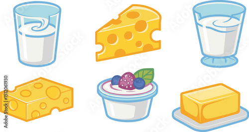 Nutritious Dairy Essentials: Milk, Cheese, Yogurt, Butter - Fresh Healthy Ingredients for Cooking, Baking, and Balanced Diet | Adobe Stock flat vector illustration