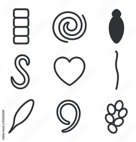 Parasitic Worm Icons. Outline icon set of parasitic worm types: tapeworm segments, roundworm coil, fluke silhouette, hookworm