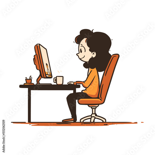 Illustration of a woman working on a computer at her desk in a home office