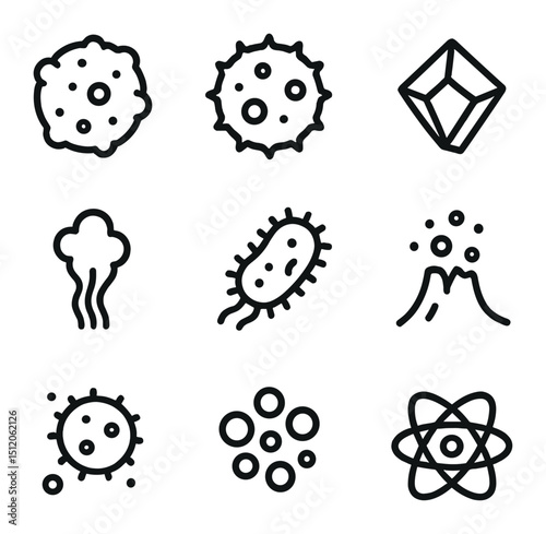 Particle Icon Set. Outline icon set of condensation nuclei and particles: dust mote, pollen grain, sea salt crystal, smoke
