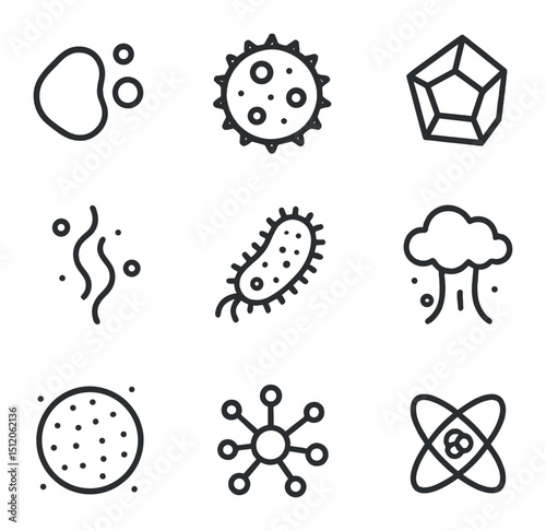 Particle Icon Set. Outline icon set of condensation nuclei and particles: dust mote, pollen grain, sea salt crystal, smoke
