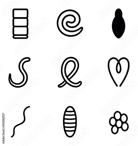 Parasitic Worm Icons. Outline icon set of parasitic worm types: tapeworm segments, roundworm coil, fluke silhouette, hookworm