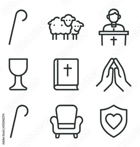 Pastoral Icons Set. Outline icon set of pastoral theology: shepherd’s staff, flock of sheep, pastor pulpit, communion cup,