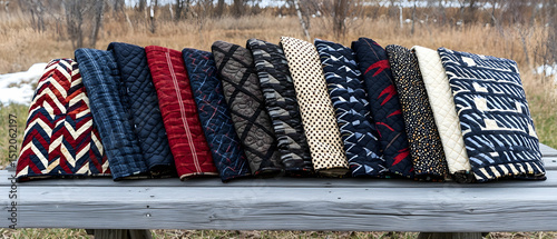 Variety Of Colorful Fabric Samples On Wooden Surface