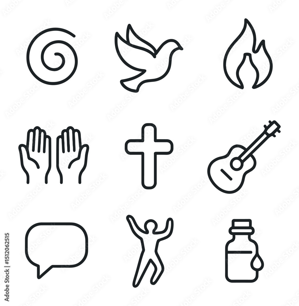 Fototapeta premium Pentecostal Symbols Icons. Outline icon set of Pentecostal & Charismatic Movements: tongues spiral, Holy Spirit dove, baptism of