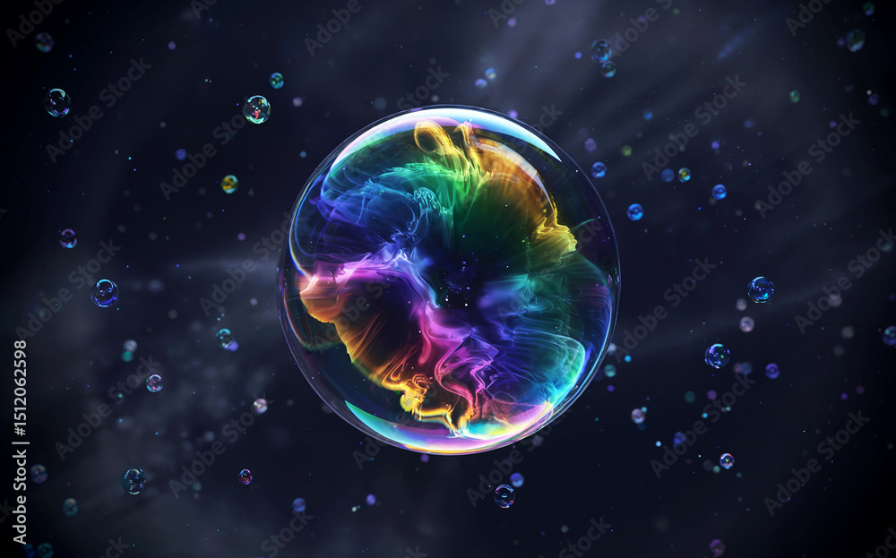 Fototapeta premium Cosmic rainbow bubble with nebula like interior and surrounding bubbles
