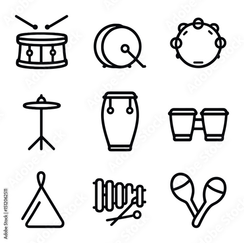Percussion Icon Set. Outline icon set of percussion instrument grooves: snare drum, bass drum, tambourine, cymbal, conga drum,