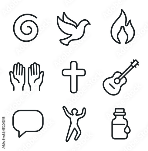 Pentecostal Symbols Icons. Outline icon set of Pentecostal & Charismatic Movements: tongues spiral, Holy Spirit dove, baptism of