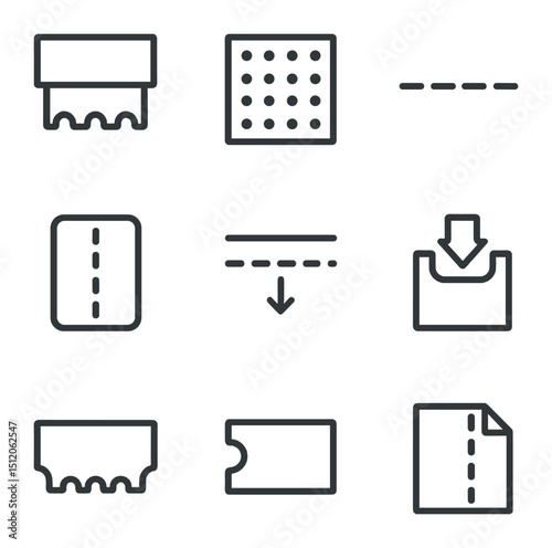 Perforation Icon Set. Outline icon set of perforation patterns: perforation blade, pinhole grid, tear line, coupon ticket,