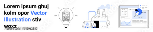 Lightbulb suggests innovative ideas, factory highlights sustainability, chart represents data analysis insights. Ideal for technology, industry, innovation, sustainability, business growth