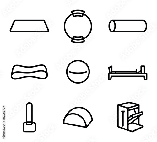 Pilates Equipment Icons. Outline icon set of Pilates workouts at home: mat, magic circle, foam roller, resistance band, small ball