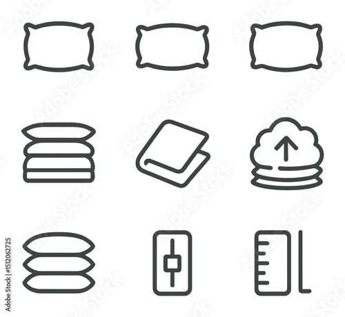 Pillow Thickness Icons. Outline icon set of pillow thickness options: slim profile, medium loft, high loft, adjustable layer stack