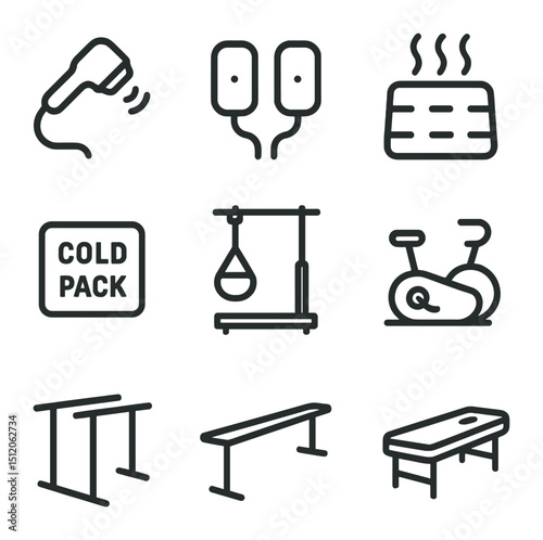 Physiotherapy Icon Set. Outline icon set of physiotherapy modalities: ultrasound probe, electrical stim pad, hot pack, cold pack,