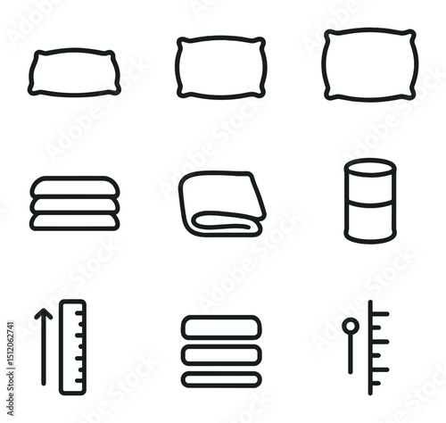 Pillow Thickness Icons. Outline icon set of pillow thickness options: slim profile, medium loft, high loft, adjustable layer stack