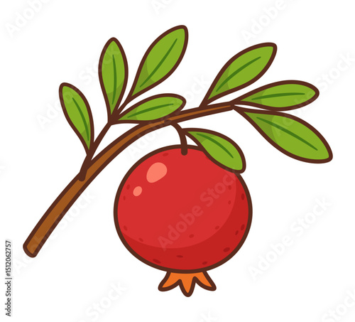 Ripe pomegranate hanging on a branch with fresh green leaves. Hand drawn flat style. For food packaging, healthy food, recipe books, nutrition blogs, product labels, menu, seasonal designs. Vector