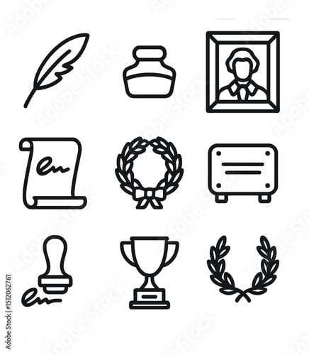 Poet Tribute Icons. Outline icon set of notable poet tributes: feather quill, ink bottle, portrait frame, signature scroll,