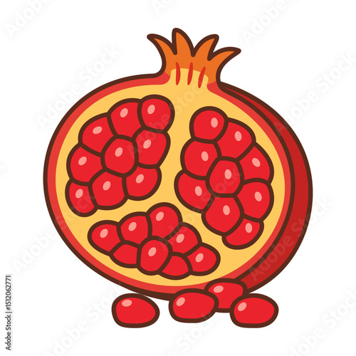 Ripe pomegranate fruit, halved with grains. Hand drawn flat style with bold outlines. For food packaging, healthy food promotions, recipe books, nutrition blogs, product labels, menu, seasonal designs