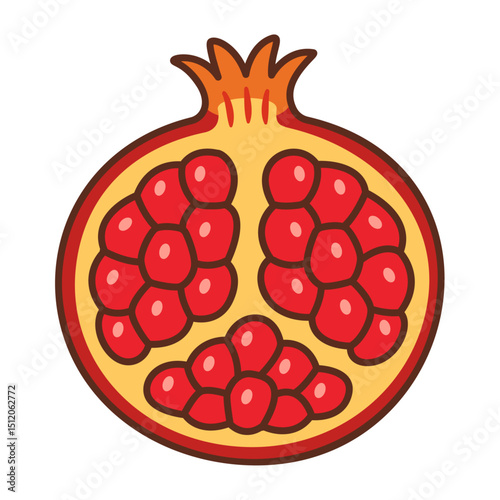 Ripe pomegranate, halved fruit. Hand drawn flat style with bold outlines. For food packaging, healthy food promotions, recipe books, nutrition blogs, product labels, menu, seasonal designs