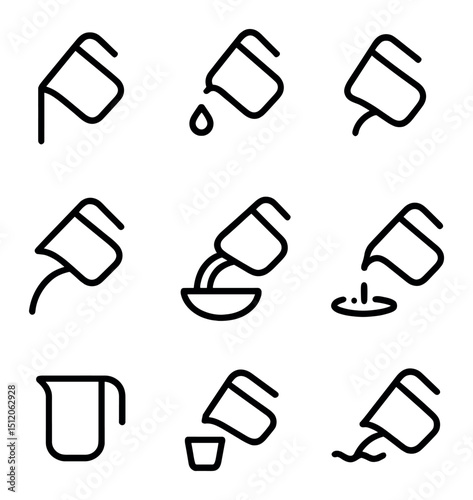 Pouring Action Icons. Outline icon set of pouring actions: steady stream, drip drop, tilt angle, wrist pivot, pour arc, splash