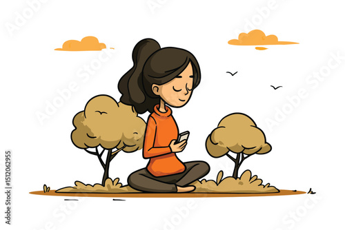 Illustration of a young woman meditating and using phone in nature setting